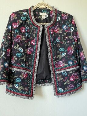 NWOT LOFT Primavera Floral Embroidered Boho Chic Fringe Jacket Size 4